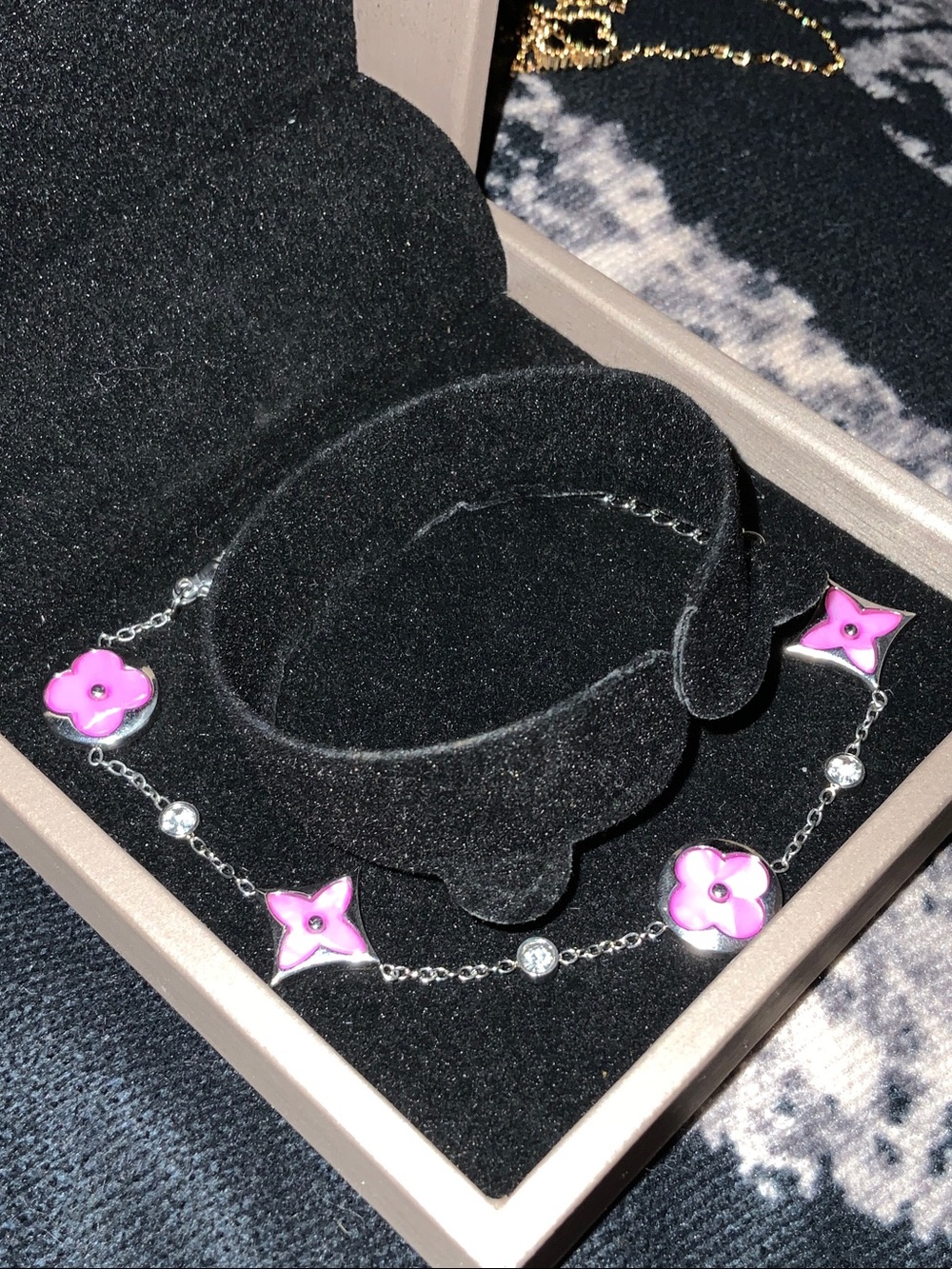Silver Chain Bracelet with Pink Enamel Flower Charms